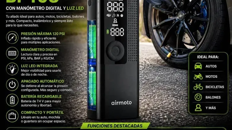 Inflador de neumáticos portátil Airmoto BP198 con manómetro digital, luz LED y a
