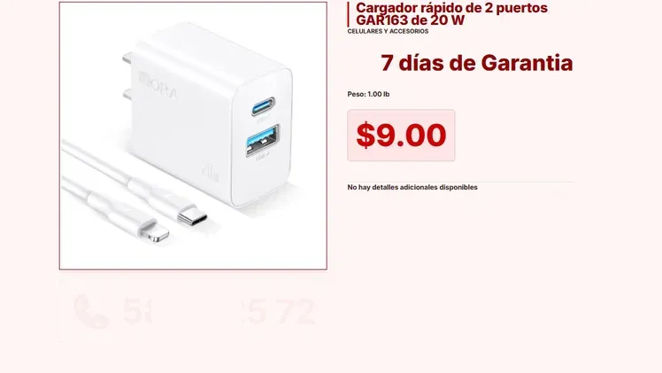 Cargador GAR163 20W: Compatible con Cables USB de Carga Rápida VPT#-0072